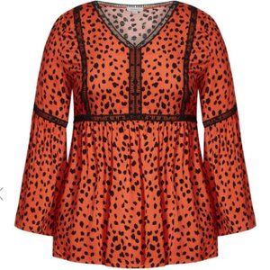Tangerine/Black Animal Print Bell Sleeve Boho Peasant Top